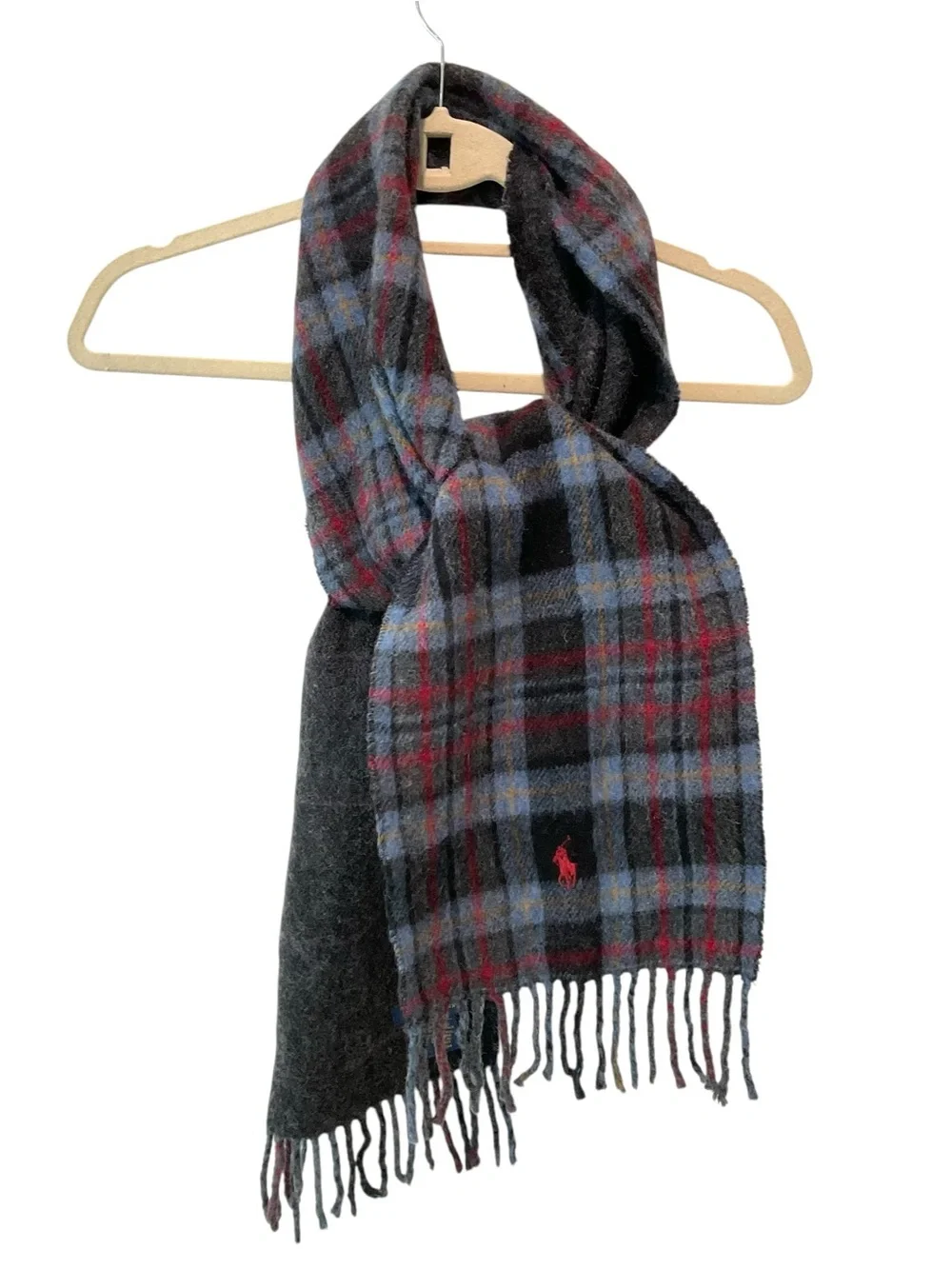 Polo Ralph Lauren Plaid Virgin Wool Reversible Fringe Scarf Italy 70x9